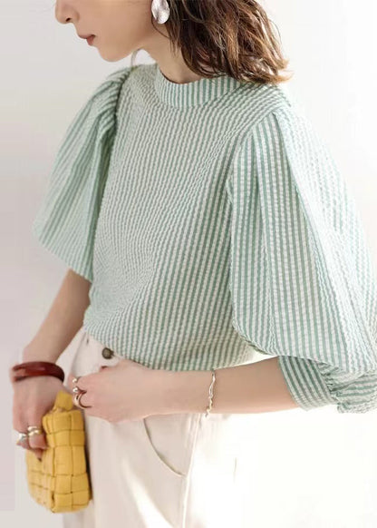 Cotton Sleeve Women Blouses Puff Striped Green