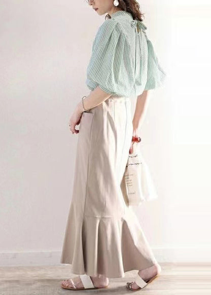 Cotton Sleeve Women Blouses Puff Striped Green