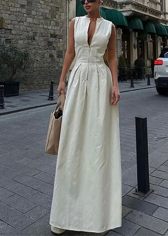 Collar Slim Green Pleated Round Dress Women Maxi Sleeveless