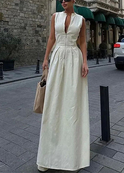 Collar Slim Green Pleated Round Dress Women Maxi Sleeveless