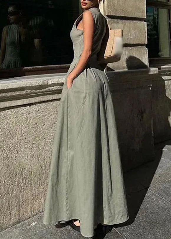 Pleated Slim Women Sleeveless Maxi Round Green Collar Dress