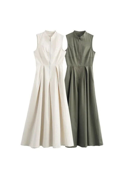 Collar Slim Green Pleated Round Dress Women Maxi Sleeveless