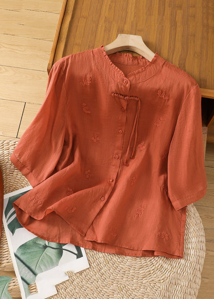 Women Green Stand Collar Embroidered Shirts Summer AP030