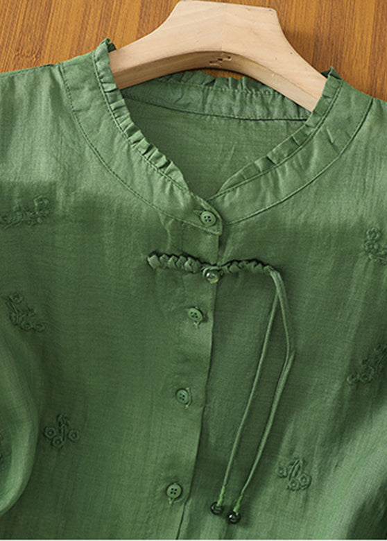 Women Green Stand Collar Embroidered Shirts Summer AP030