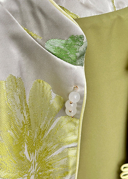 Women Green Stand Collar Print Button Satin Waistcoat Fall AG1041