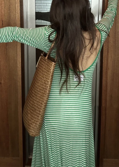 Women Green Striped Backless Cotton T Shirt Dress Long Sleeve KK042