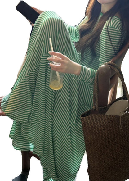 Women Green Striped Backless Cotton T Shirt Dress Long Sleeve KK042