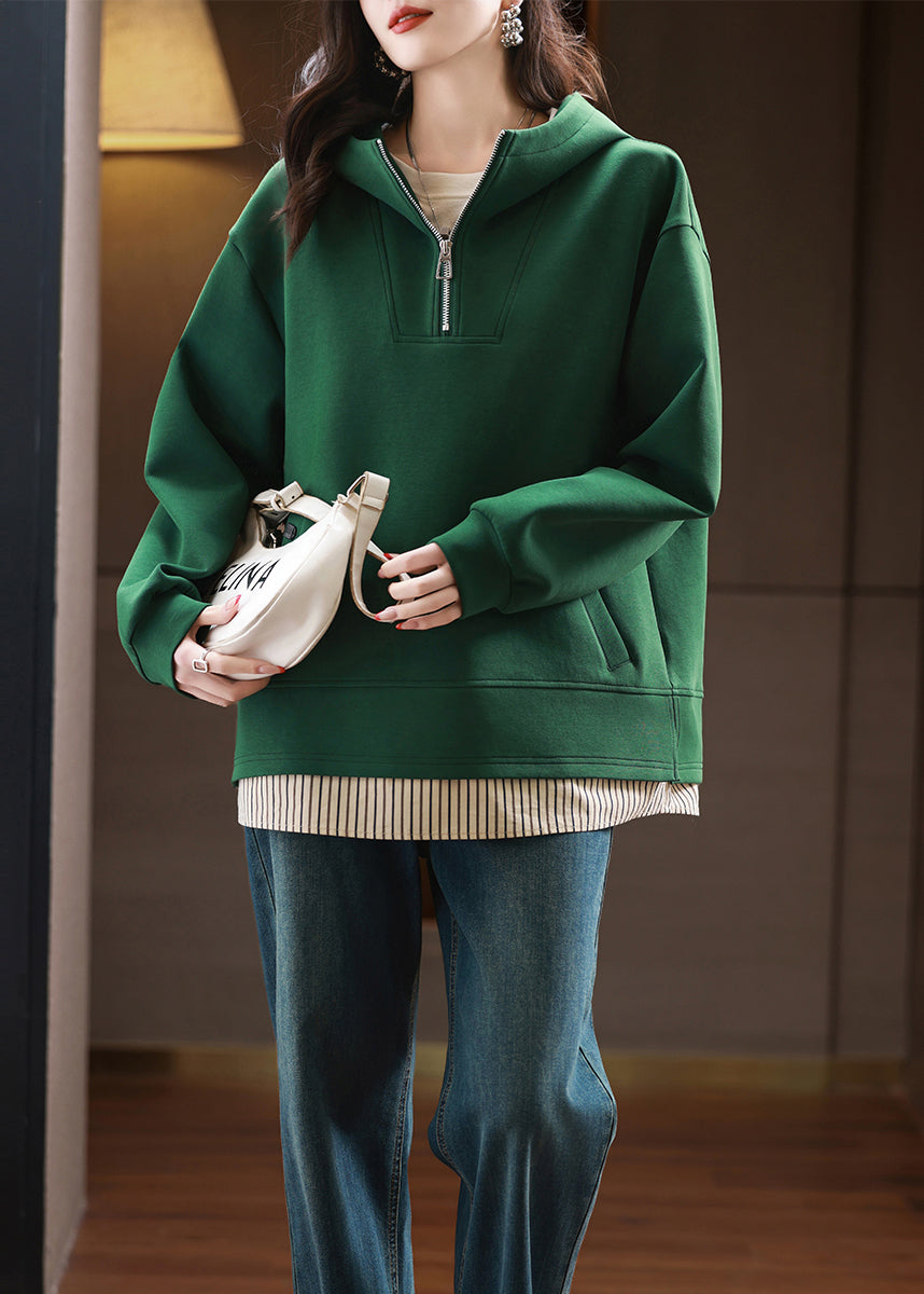 Women Green Zip Up Patchwork Hooded Cotton Pullover Streetwear Fall QI038