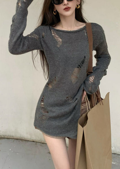 Hollow Spring Asymmetrical Knit Sweater Out Grey Women