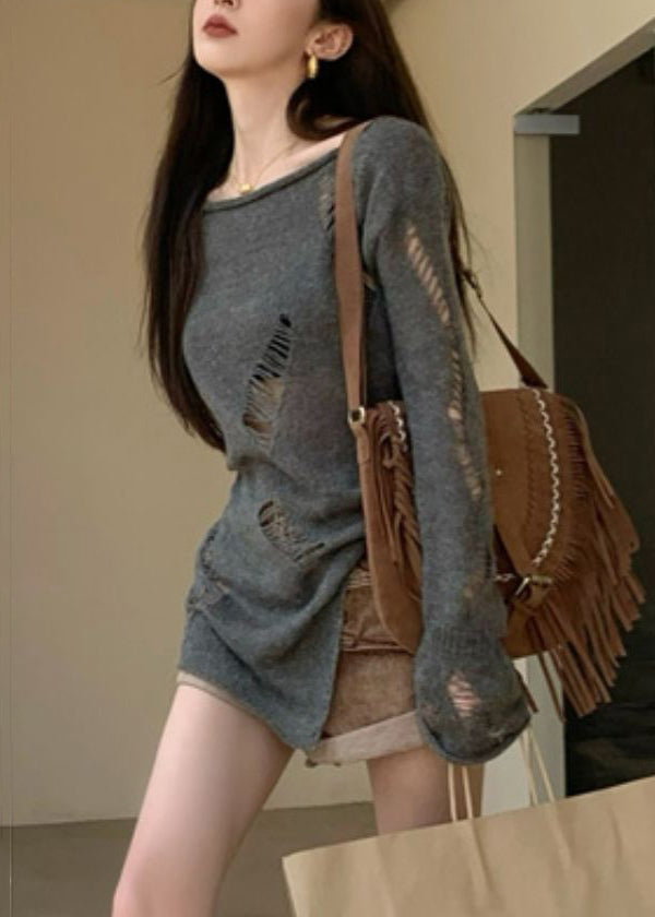 Hollow Spring Asymmetrical Knit Sweater Out Grey Women