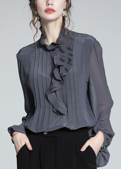 Women Grey Shirts Ruffled Patchwork Spring Chiffon Blue