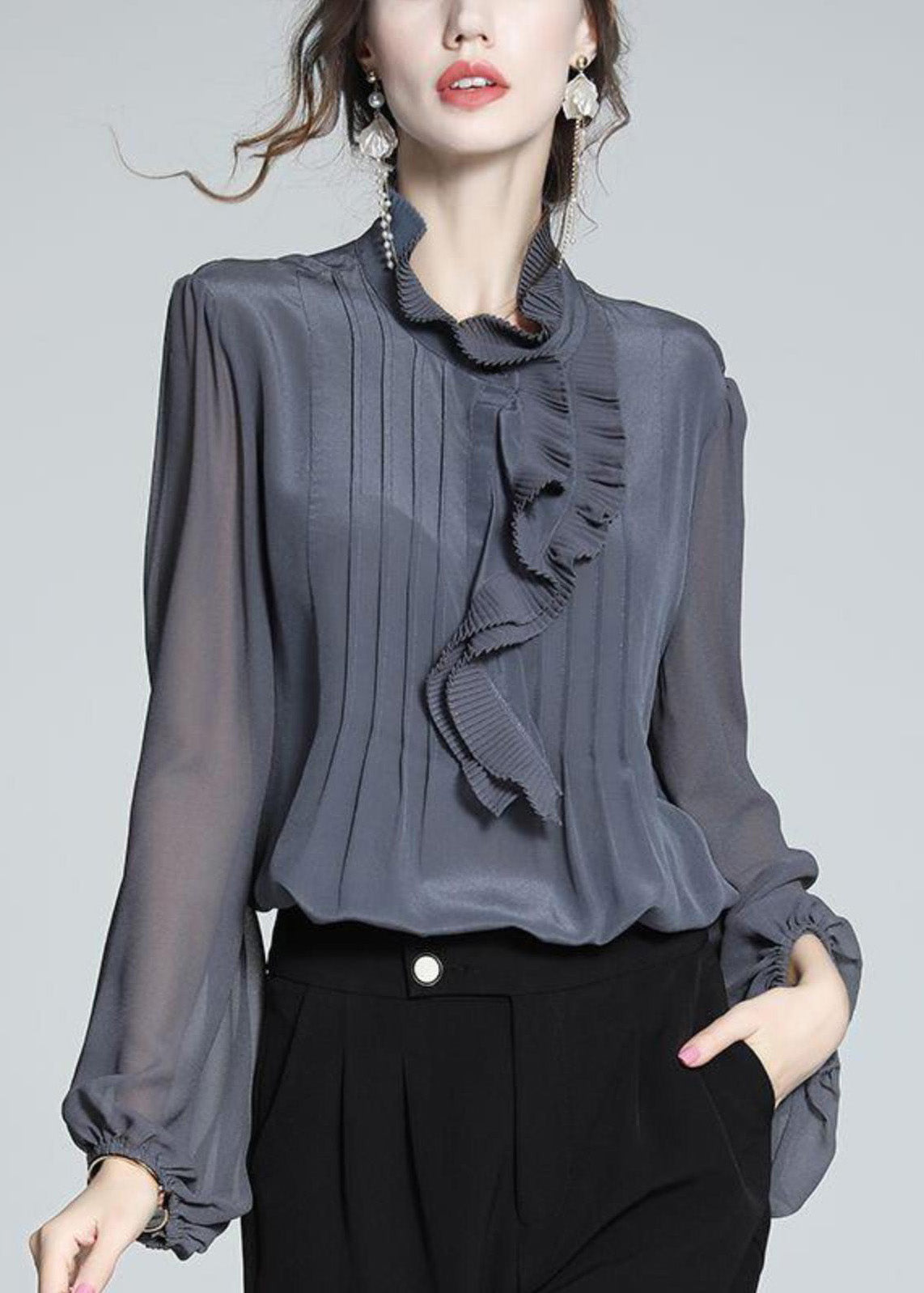 Women Grey Shirts Ruffled Patchwork Spring Chiffon Blue