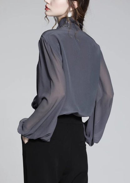 Women Grey Shirts Ruffled Patchwork Spring Chiffon Blue