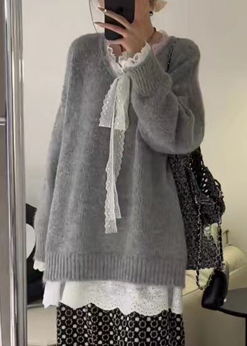 Women Grey Cozy Lace Patchwork Knit Sweater Winter WM007