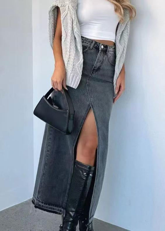 Side Open Skirts Grey Summer Women Waist Denim High