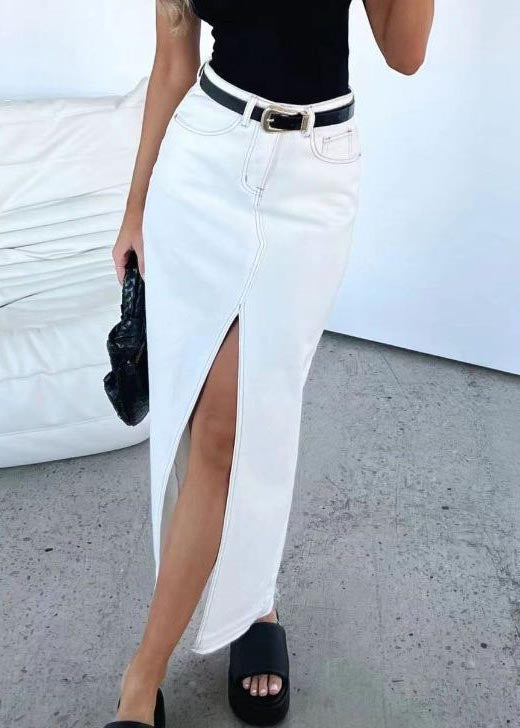Side Open Skirts Grey Summer Women Waist Denim High