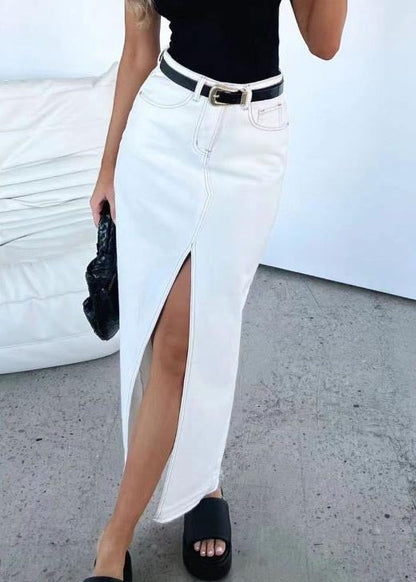 Side Open Skirts Grey Summer Women Waist Denim High