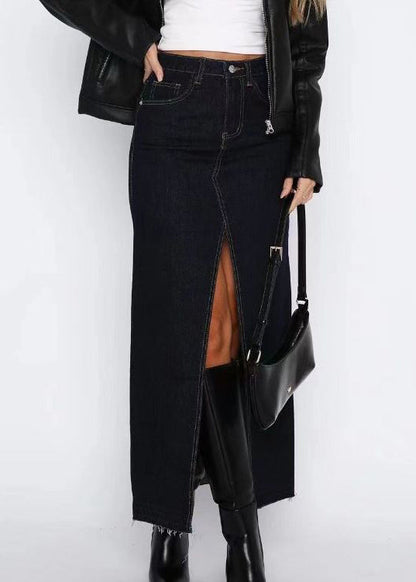 Side Open Skirts Grey Summer Women Waist Denim High