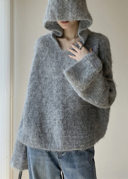 Women Grey Hooded Solid Cotton Knit Sweaters Winter WY024