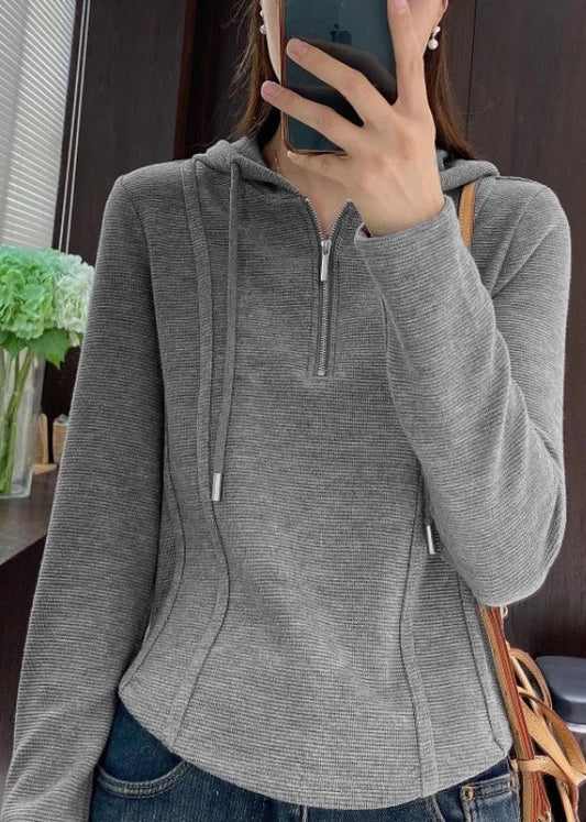 Shirt Cotton Grey Spring Zippered T Women Hooded