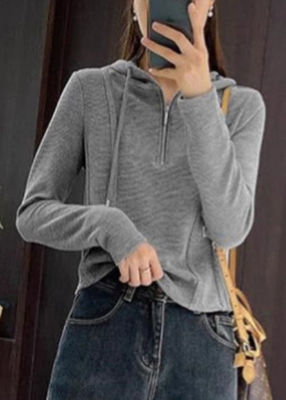 Shirt Cotton Grey Spring Zippered T Women Hooded
