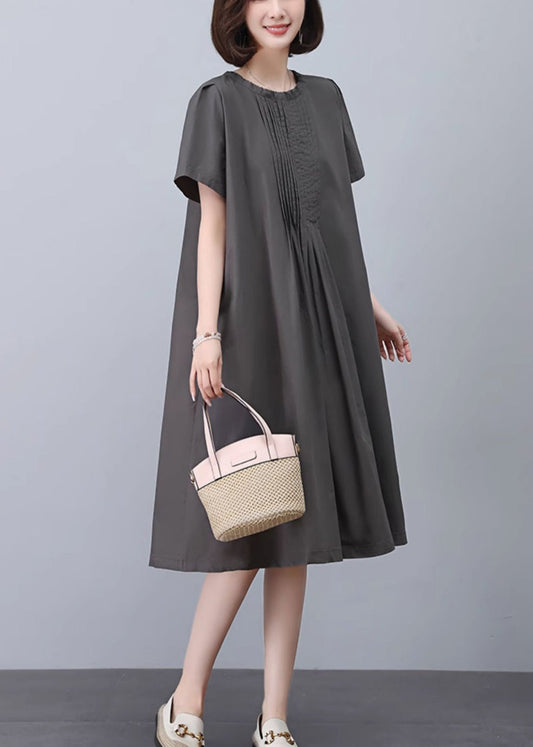 Women Grey O-Neck Solid Cotton Dresses Summer MN041