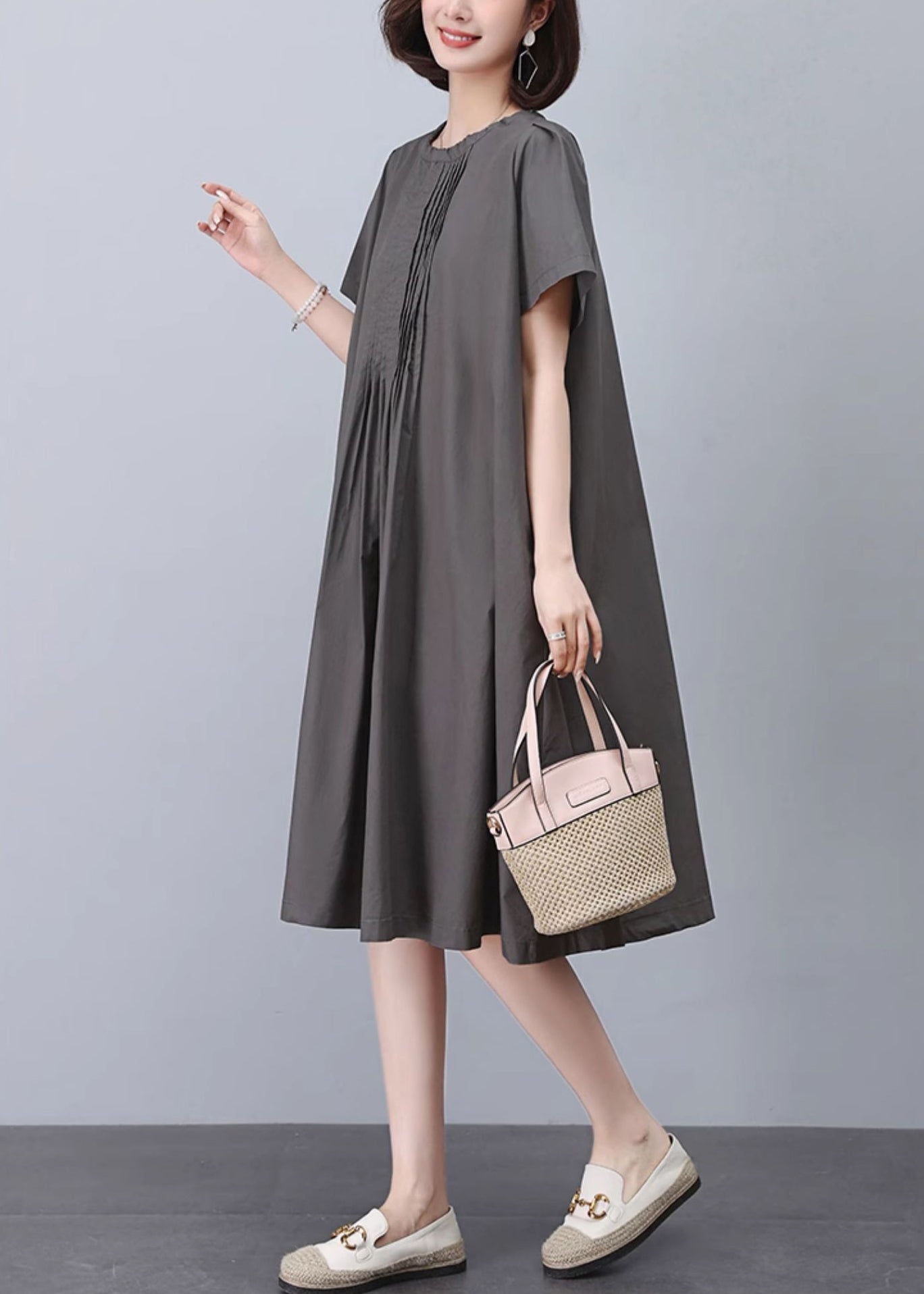 Women Grey O-Neck Solid Cotton Dresses Summer MN041