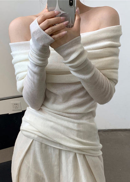 Top Neck Grey Slash Solid Wrinkled Women Spring Knit