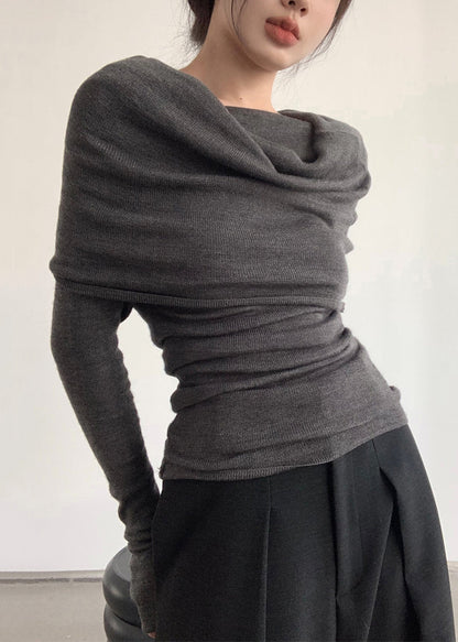 Top Neck Grey Slash Solid Wrinkled Women Spring Knit