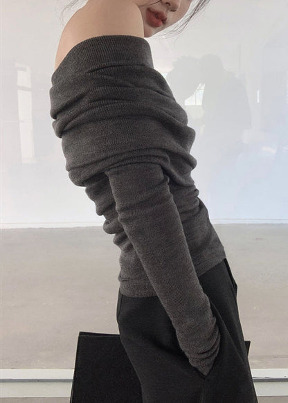 Top Neck Grey Slash Solid Wrinkled Women Spring Knit