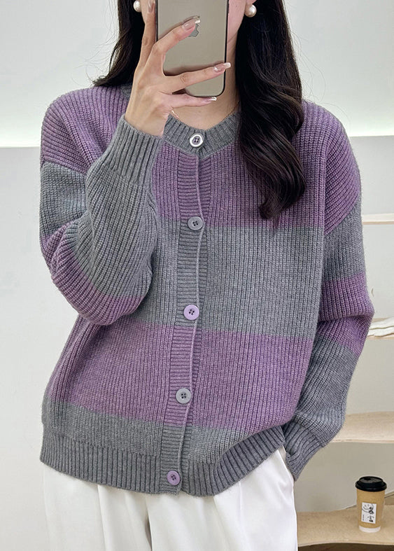 Women Grey Striped Button Knit Cardigan Fall QG013