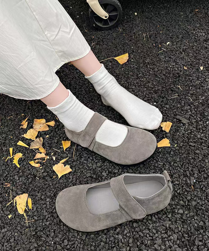 Grey Suede Flat Splicing Buckle Strap Women Feet Shoes