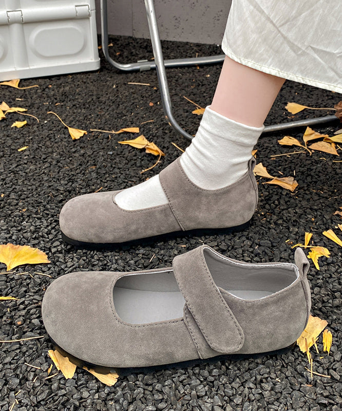 Grey Suede Flat Splicing Buckle Strap Women Feet Shoes