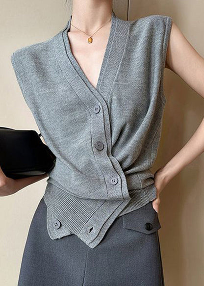 Neck Button Sleeveless Solid Vest Grey V Women Knit