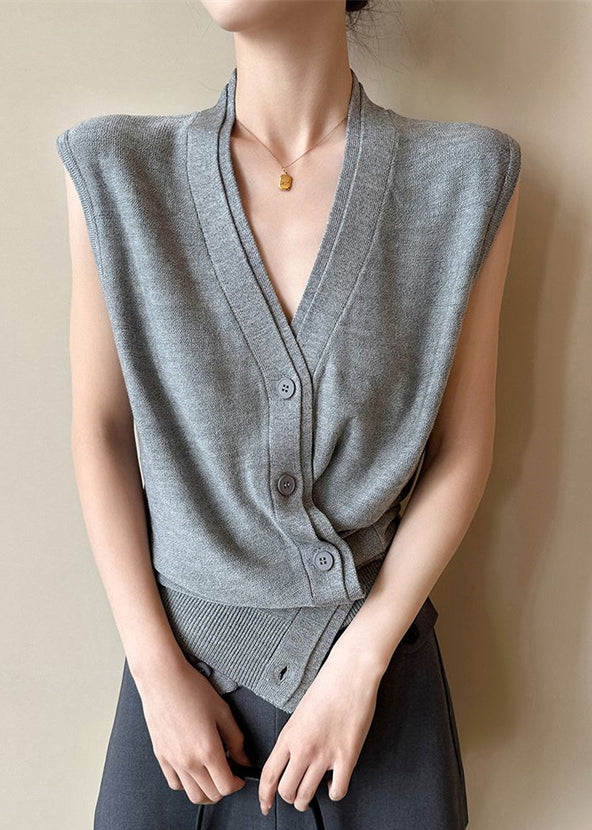 Neck Button Sleeveless Solid Vest Grey V Women Knit