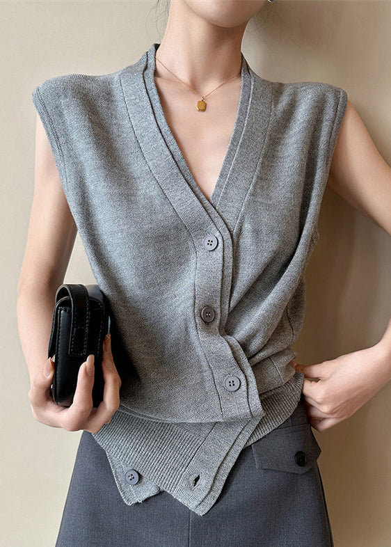 Neck Button Sleeveless Solid Vest Grey V Women Knit