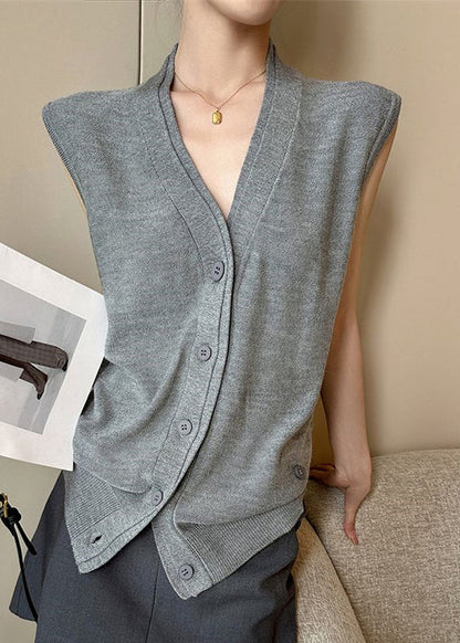 Neck Button Sleeveless Solid Vest Grey V Women Knit