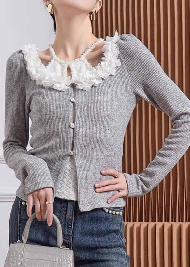 Women Grey V Neck Floral Cotton Knit Cardigans Fall QA005