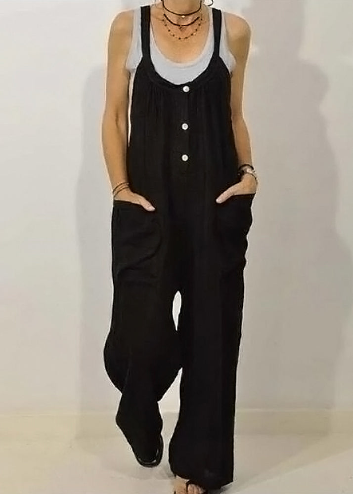 Solid Khaki Jumpsuits Button Women O-Neck Sleeveless