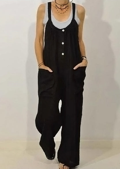 Solid Khaki Jumpsuits Button Women O-Neck Sleeveless