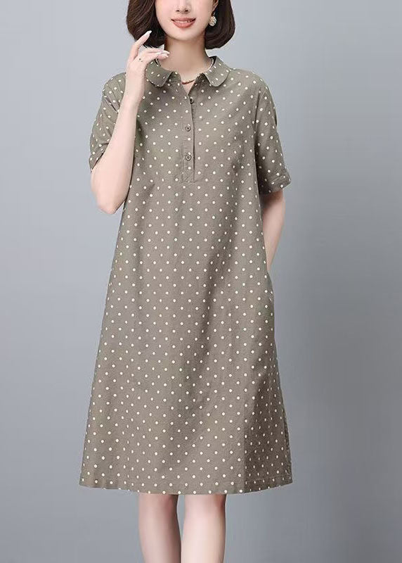 Women Dress Summer Work Peter Pan Dot Collar Print Khaki