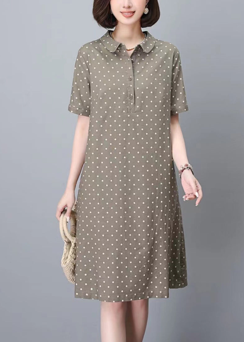 Summer Print Women Peter Work Dot Collar Khaki Dress Pan