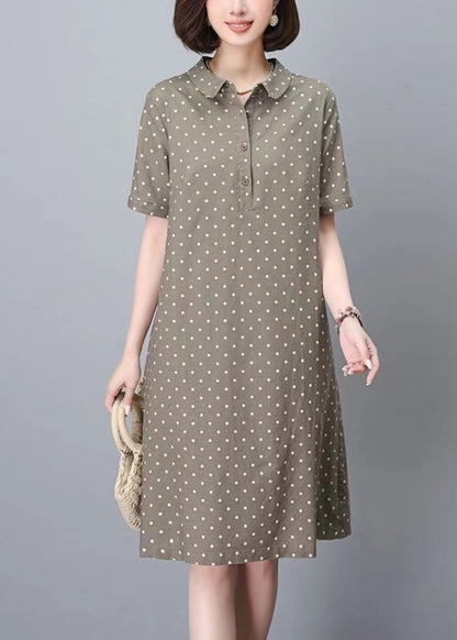 Summer Print Women Peter Work Dot Collar Khaki Dress Pan