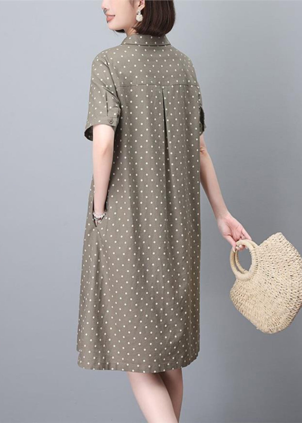 Summer Print Women Peter Work Dot Collar Khaki Dress Pan