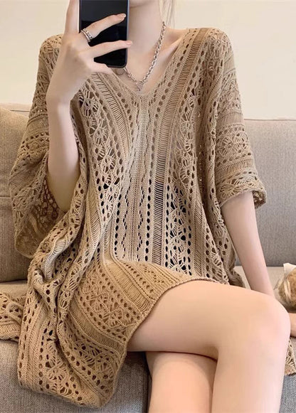 Half Tops Sleeve Knit Neck Hollow Khaki Out Women V