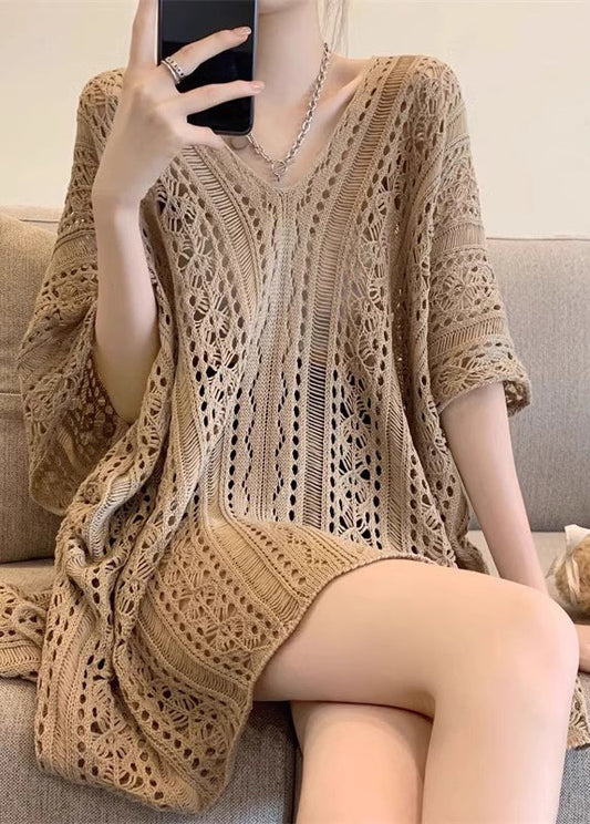 Tops Khaki Knit Half Sleeve V Neck Out Hollow Women