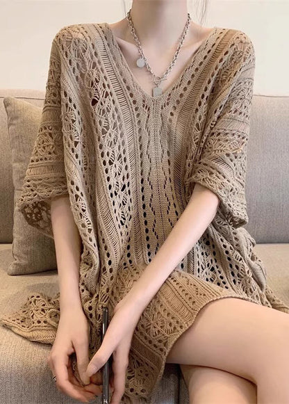 Tops Khaki Knit Half Sleeve V Neck Out Hollow Women