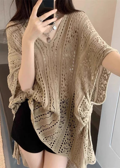 Half Tops Sleeve Knit Neck Hollow Khaki Out Women V