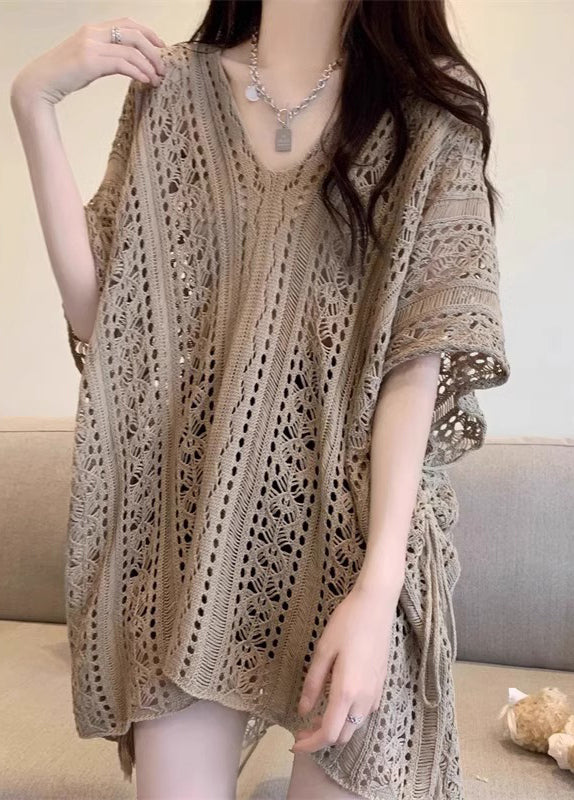 Half Tops Sleeve Knit Neck Hollow Khaki Out Women V