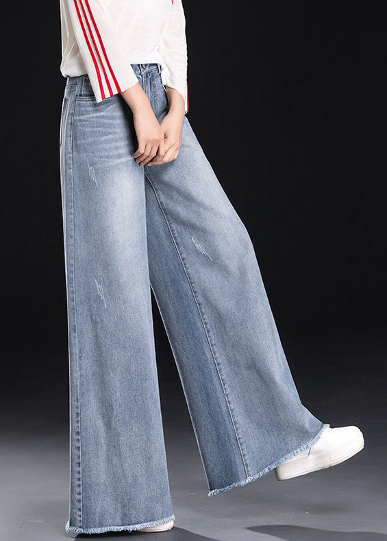 Blue Summer Light Tasseled Women Straight Pants Denim